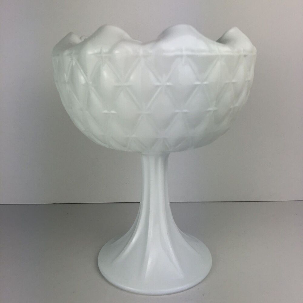 Vintage White Milk Glass Scalloped Rim w/diamond Pattern Pedestal Compote Bowl
